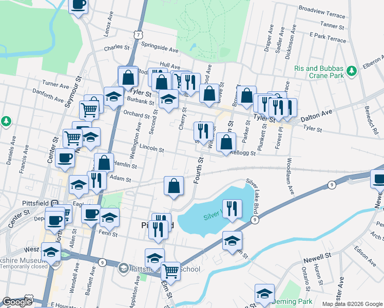 map of restaurants, bars, coffee shops, grocery stores, and more near 4 Curtis Street in Pittsfield