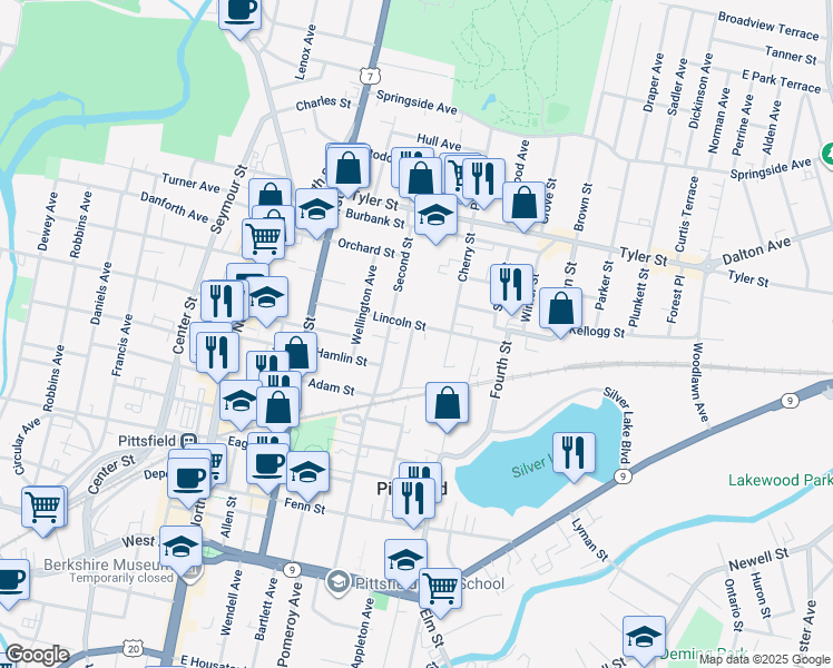 map of restaurants, bars, coffee shops, grocery stores, and more near 88 Lincoln Street in Pittsfield