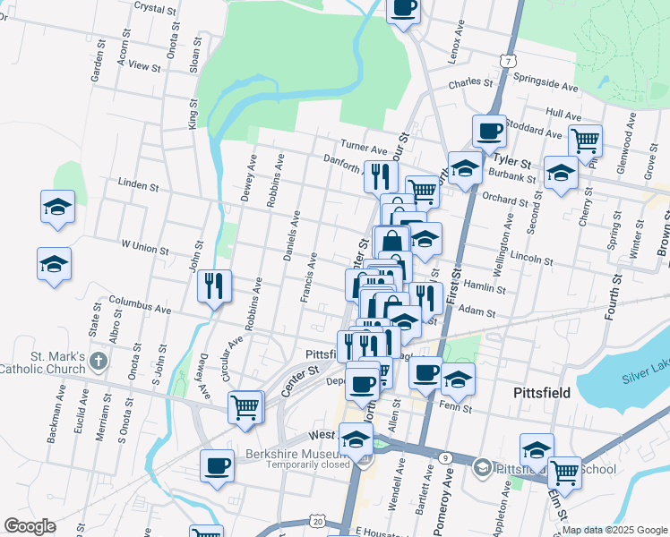 map of restaurants, bars, coffee shops, grocery stores, and more near 143 Bradford Street in Pittsfield