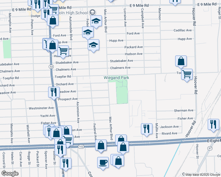 map of restaurants, bars, coffee shops, grocery stores, and more near 21490 Mac Arthur Boulevard in Warren