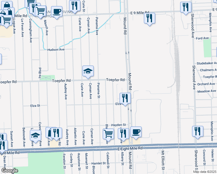 map of restaurants, bars, coffee shops, grocery stores, and more near 21556 Blackmar Ave in Warren