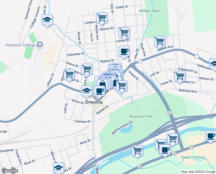 map of restaurants, bars, coffee shops, grocery stores, and more near 217 Main Street in Oneonta
