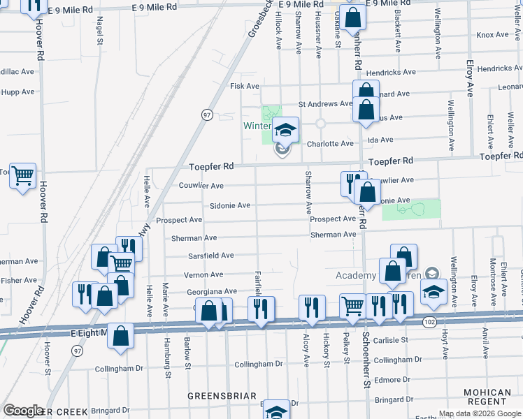 map of restaurants, bars, coffee shops, grocery stores, and more near 13012 Sidonie Avenue in Warren