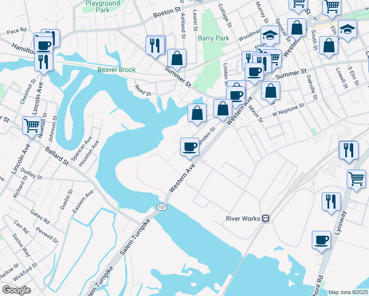 map of restaurants, bars, coffee shops, grocery stores, and more near 120 River Street in Lynn