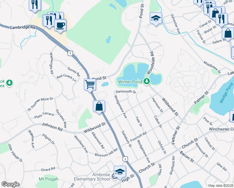 map of restaurants, bars, coffee shops, grocery stores, and more near 71 Wedgemere Avenue in Winchester