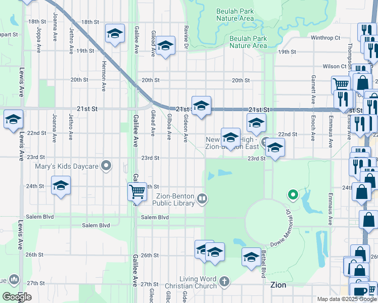 map of restaurants, bars, coffee shops, grocery stores, and more near 2215 Gideon Avenue in Zion