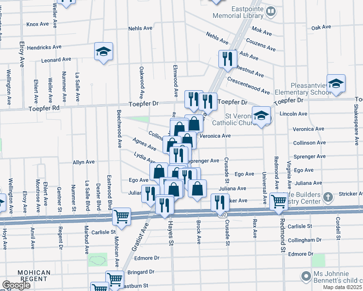 map of restaurants, bars, coffee shops, grocery stores, and more near 21311 Michigan 3 in Eastpointe