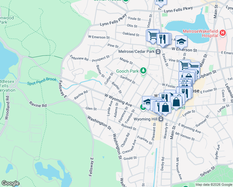 map of restaurants, bars, coffee shops, grocery stores, and more near 189 West Wyoming Avenue in Melrose