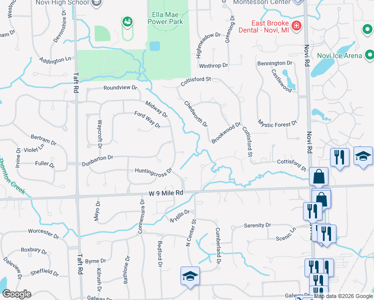 map of restaurants, bars, coffee shops, grocery stores, and more near 44500 Louvert Court in Novi