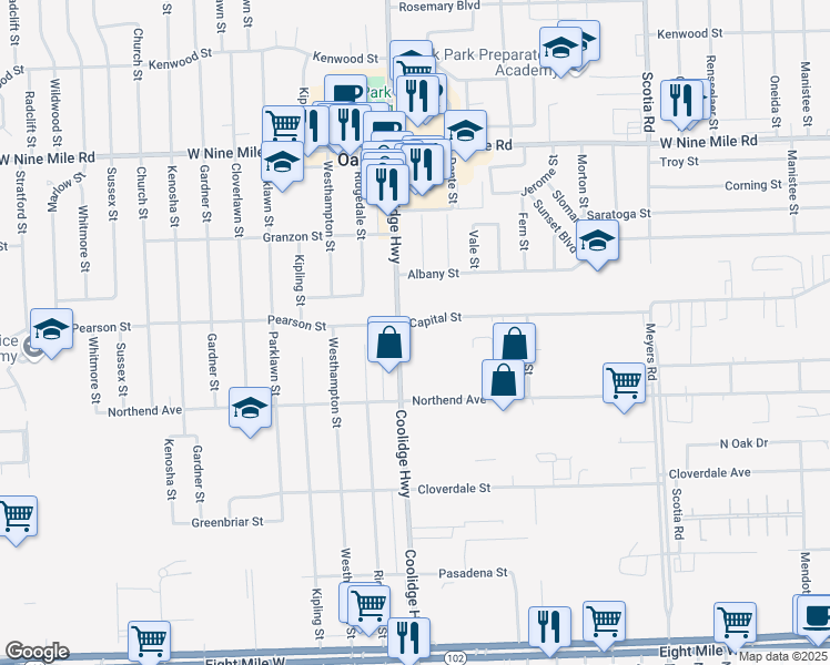map of restaurants, bars, coffee shops, grocery stores, and more near 21790 Coolidge Highway in Oak Park