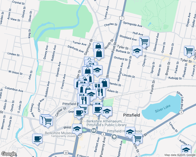 map of restaurants, bars, coffee shops, grocery stores, and more near 22 Maplewood Avenue in Pittsfield
