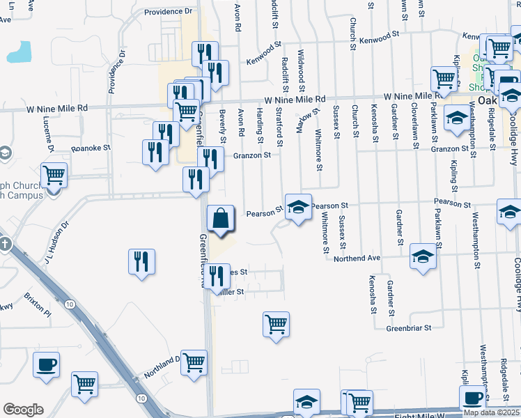 map of restaurants, bars, coffee shops, grocery stores, and more near 15200 Pearson Street in Oak Park