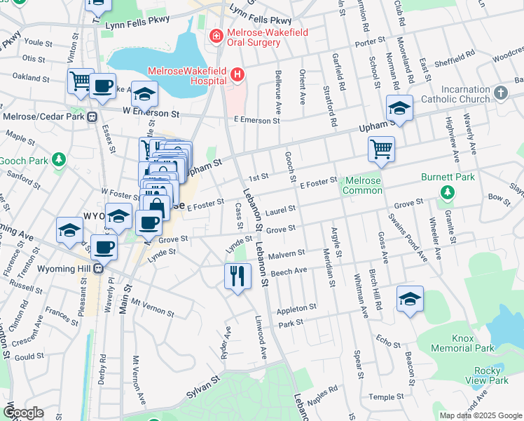 map of restaurants, bars, coffee shops, grocery stores, and more near 431 Lebanon Street in Melrose