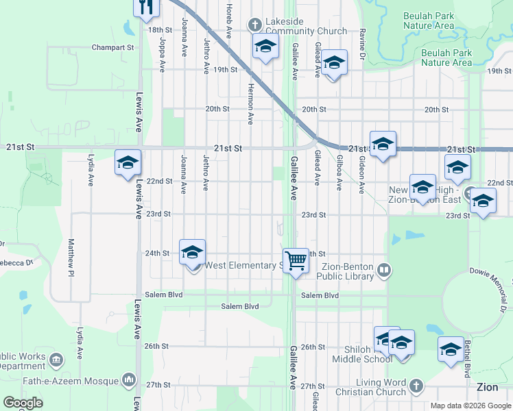 map of restaurants, bars, coffee shops, grocery stores, and more near 2215 Hermon Avenue in Zion