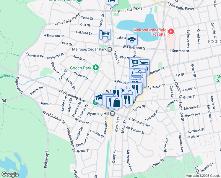 map of restaurants, bars, coffee shops, grocery stores, and more near 99 Cottage Street in Melrose