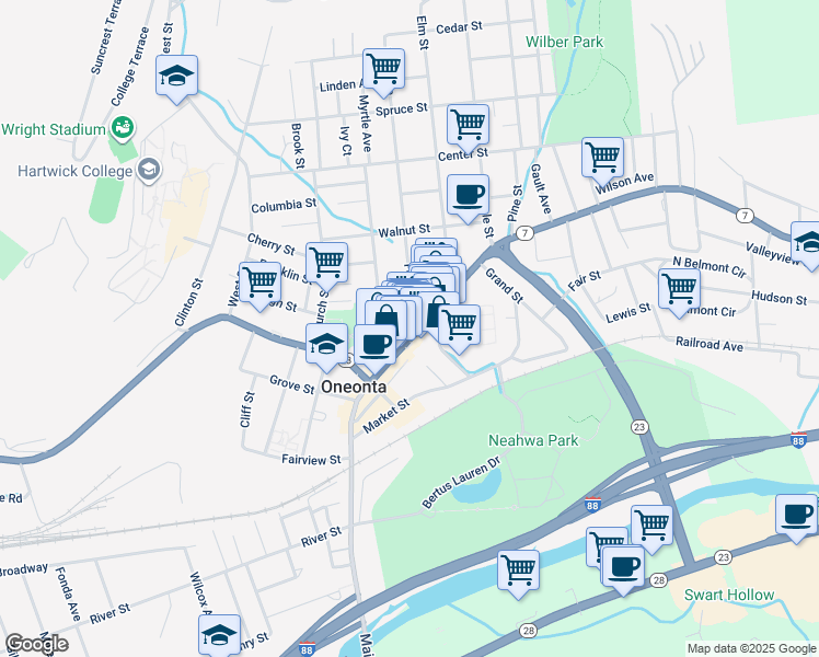 map of restaurants, bars, coffee shops, grocery stores, and more near 221 Main Street in Oneonta