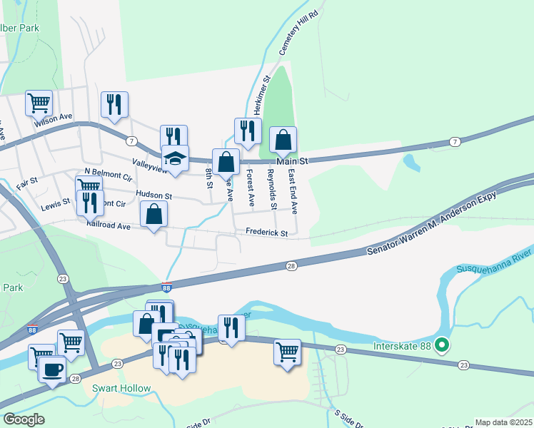 map of restaurants, bars, coffee shops, grocery stores, and more near 18 Chester St in Oneonta