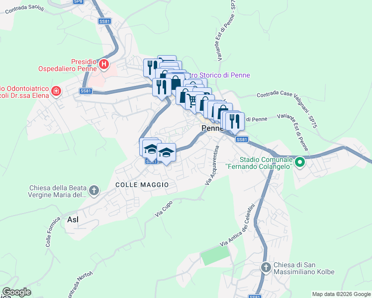 map of restaurants, bars, coffee shops, grocery stores, and more near 500 Circonvallazione Aldo Moro in Penne