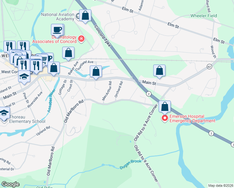 map of restaurants, bars, coffee shops, grocery stores, and more near 54 Orchard Road in Concord