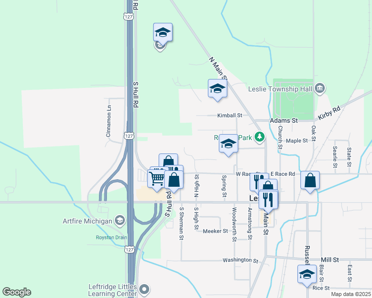 map of restaurants, bars, coffee shops, grocery stores, and more near 113 West Race Street in Leslie