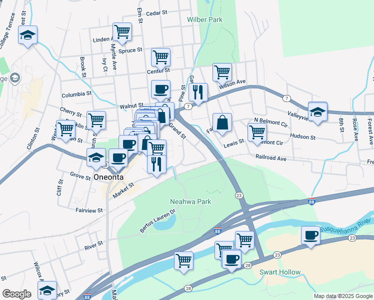 map of restaurants, bars, coffee shops, grocery stores, and more near 9 Division Street in Oneonta