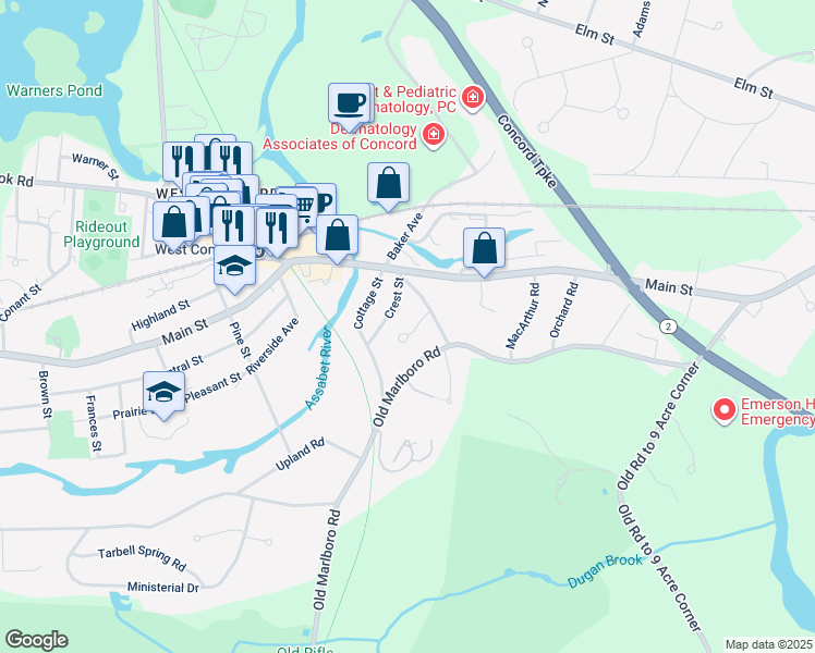 map of restaurants, bars, coffee shops, grocery stores, and more near 26 Bridgecourt Lane in Concord