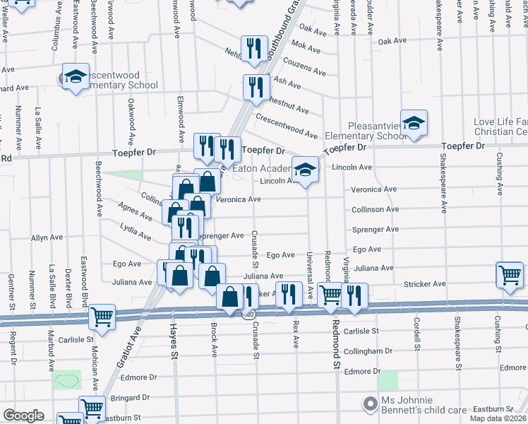 map of restaurants, bars, coffee shops, grocery stores, and more near 15525 Collinson Ave in Eastpointe