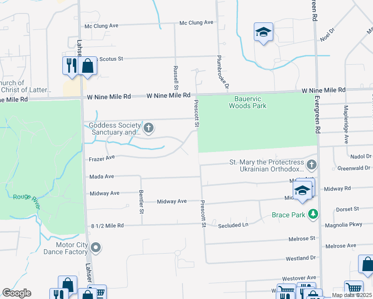 map of restaurants, bars, coffee shops, grocery stores, and more near 21315 Frazer Avenue in Southfield