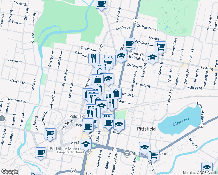 map of restaurants, bars, coffee shops, grocery stores, and more near 22 Maplewood Avenue in Pittsfield