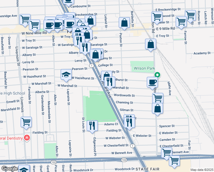 map of restaurants, bars, coffee shops, grocery stores, and more near 22000 Woodward Avenue in Ferndale