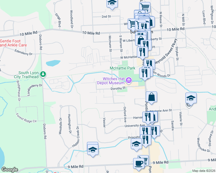 map of restaurants, bars, coffee shops, grocery stores, and more near 412 Dorothy St in South Lyon