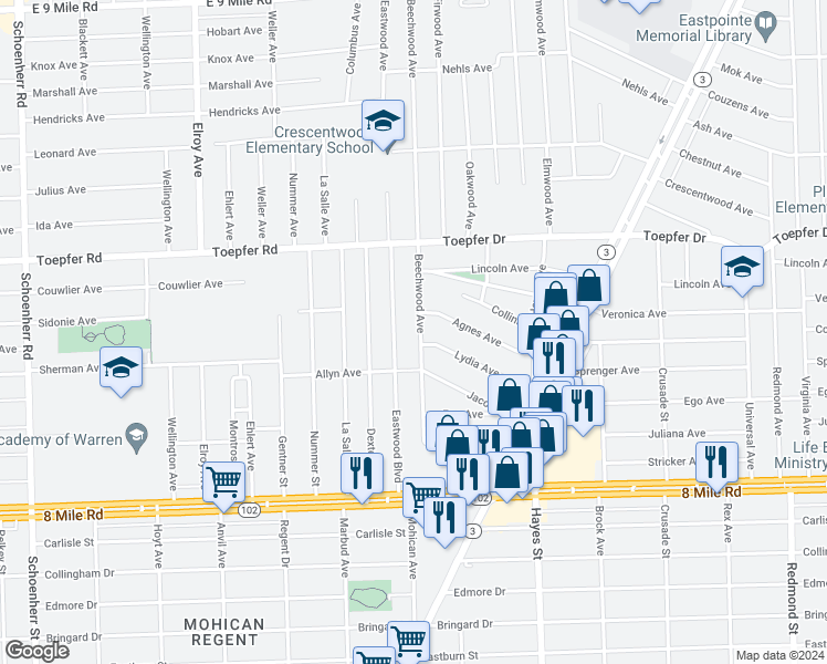 map of restaurants, bars, coffee shops, grocery stores, and more near 21221 Beechwood Avenue in Eastpointe
