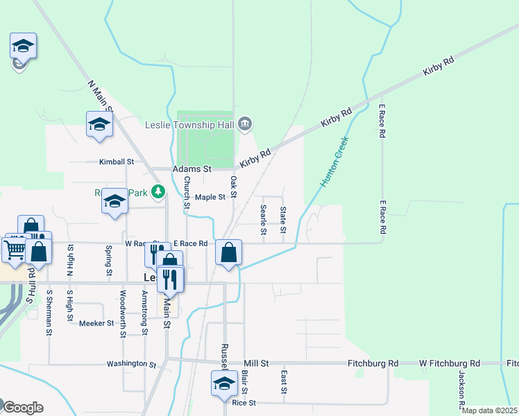 map of restaurants, bars, coffee shops, grocery stores, and more near 308 Searle Street in Leslie