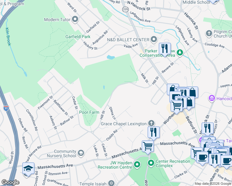map of restaurants, bars, coffee shops, grocery stores, and more near 62 Hill Street in Lexington