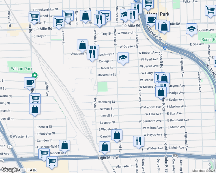 map of restaurants, bars, coffee shops, grocery stores, and more near 1701 East Marshall Street in Ferndale