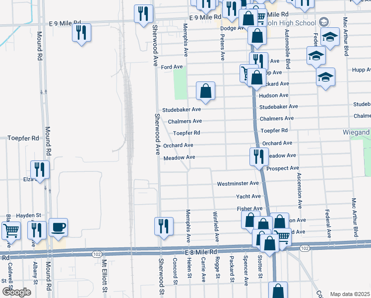 map of restaurants, bars, coffee shops, grocery stores, and more near 6810 Orchard Avenue in Warren