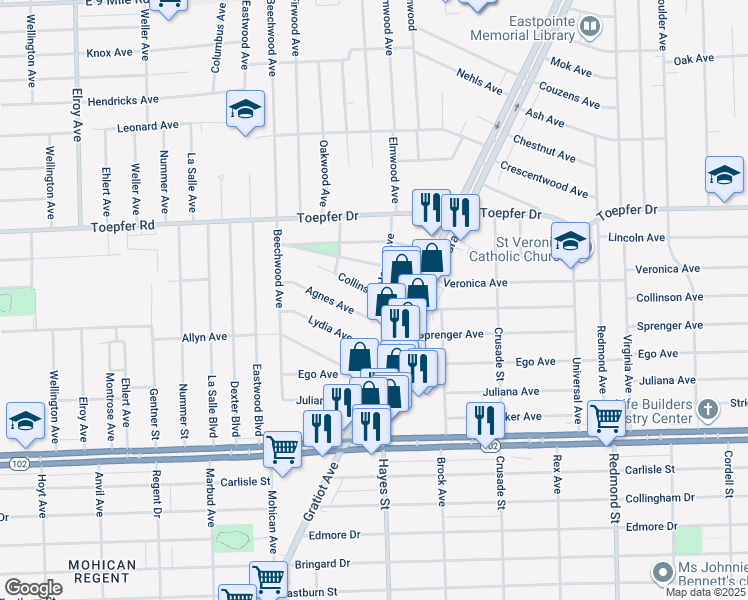 map of restaurants, bars, coffee shops, grocery stores, and more near 14872 Collinson Avenue in Eastpointe