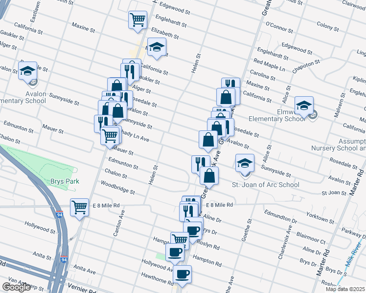 map of restaurants, bars, coffee shops, grocery stores, and more near 22005 Shady Lane Avenue in Saint Clair Shores