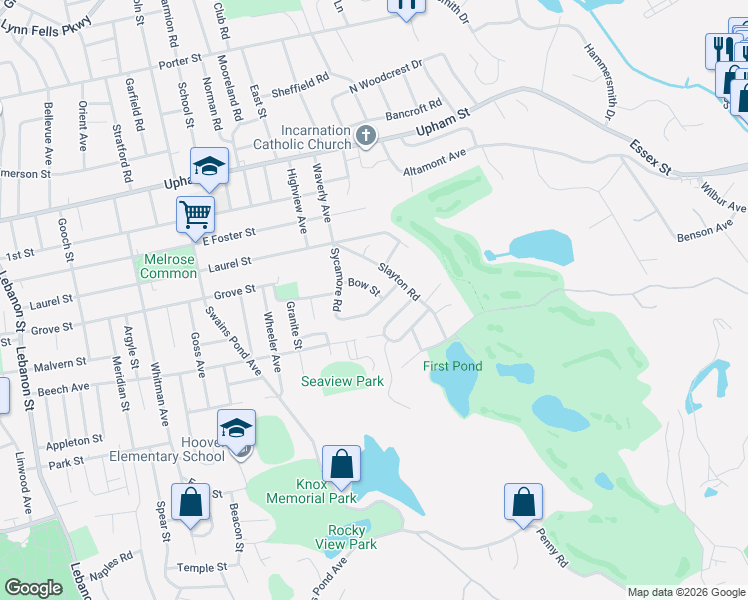 map of restaurants, bars, coffee shops, grocery stores, and more near 33 Sycamore Road in Melrose