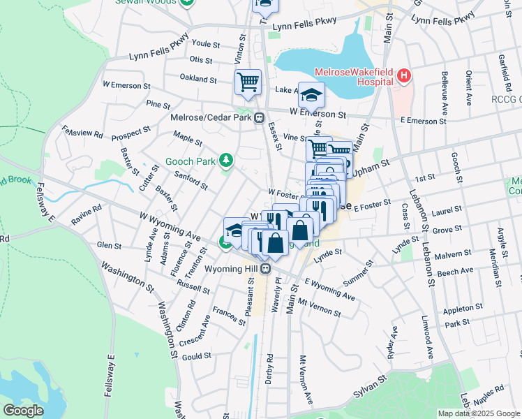 map of restaurants, bars, coffee shops, grocery stores, and more near 99 Cottage Street in Melrose