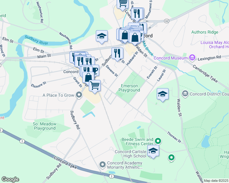 map of restaurants, bars, coffee shops, grocery stores, and more near 218 Thoreau Street in Concord