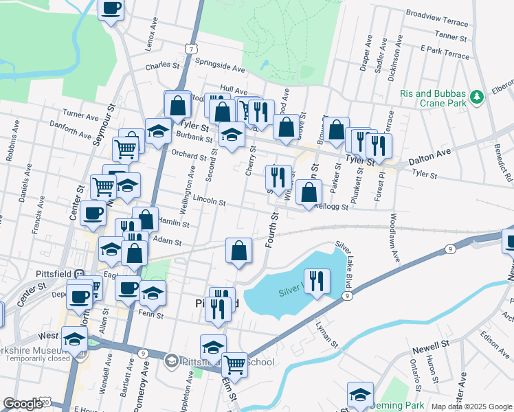 map of restaurants, bars, coffee shops, grocery stores, and more near 111 Lincoln Street in Pittsfield
