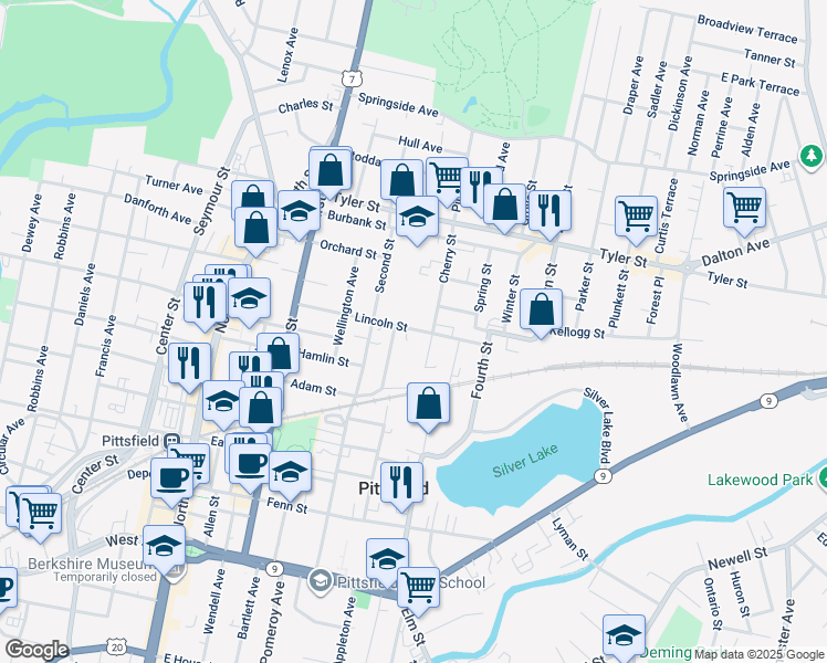 map of restaurants, bars, coffee shops, grocery stores, and more near 88 Lincoln Street in Pittsfield