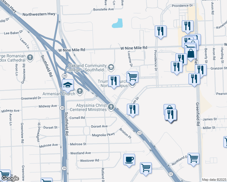 map of restaurants, bars, coffee shops, grocery stores, and more near 16500 North Park Drive in Southfield
