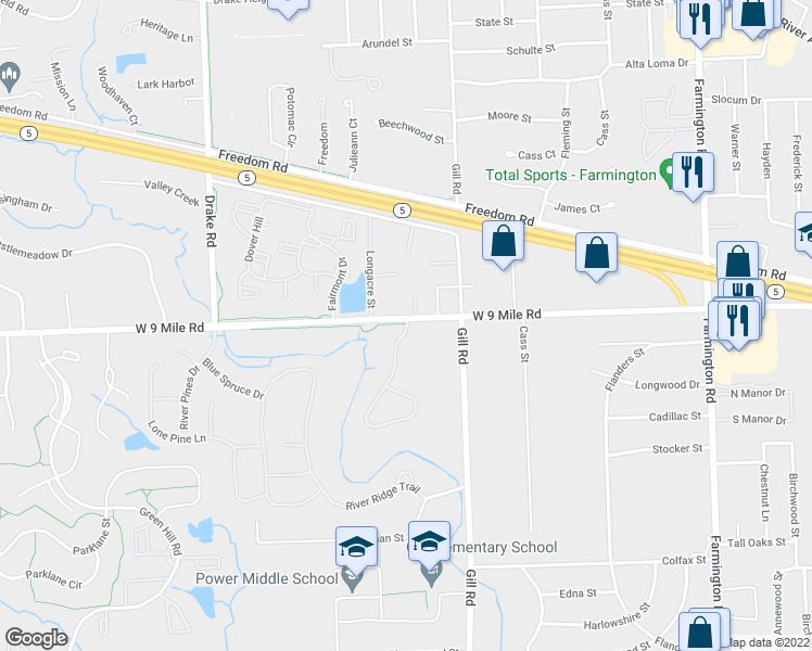 map of restaurants, bars, coffee shops, grocery stores, and more near 22180 Indian Creek Drive in Farmington Hills