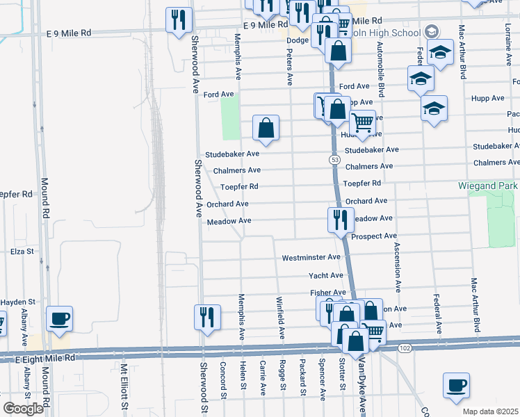 map of restaurants, bars, coffee shops, grocery stores, and more near 7052 Orchard Ave in Warren