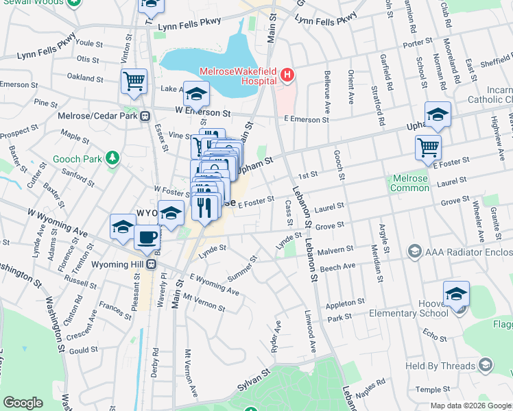 map of restaurants, bars, coffee shops, grocery stores, and more near 61 Leonard Road in Melrose