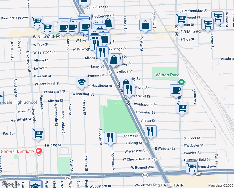 map of restaurants, bars, coffee shops, grocery stores, and more near 22007 Woodward Avenue in Ferndale