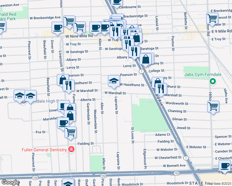map of restaurants, bars, coffee shops, grocery stores, and more near Laprairie St & W Marshall Ave in Ferndale