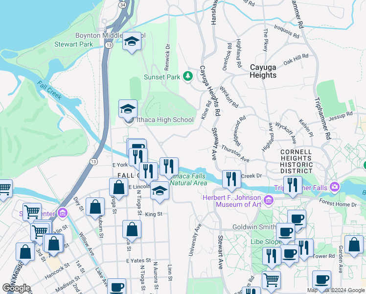 map of restaurants, bars, coffee shops, grocery stores, and more near 131 Kline Road in Ithaca